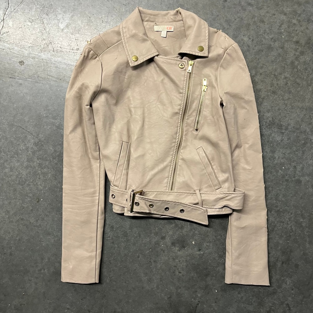 GB Faux Leather Moto Jacket Taupe Beige Gold Zip Belted Biker XS 4561